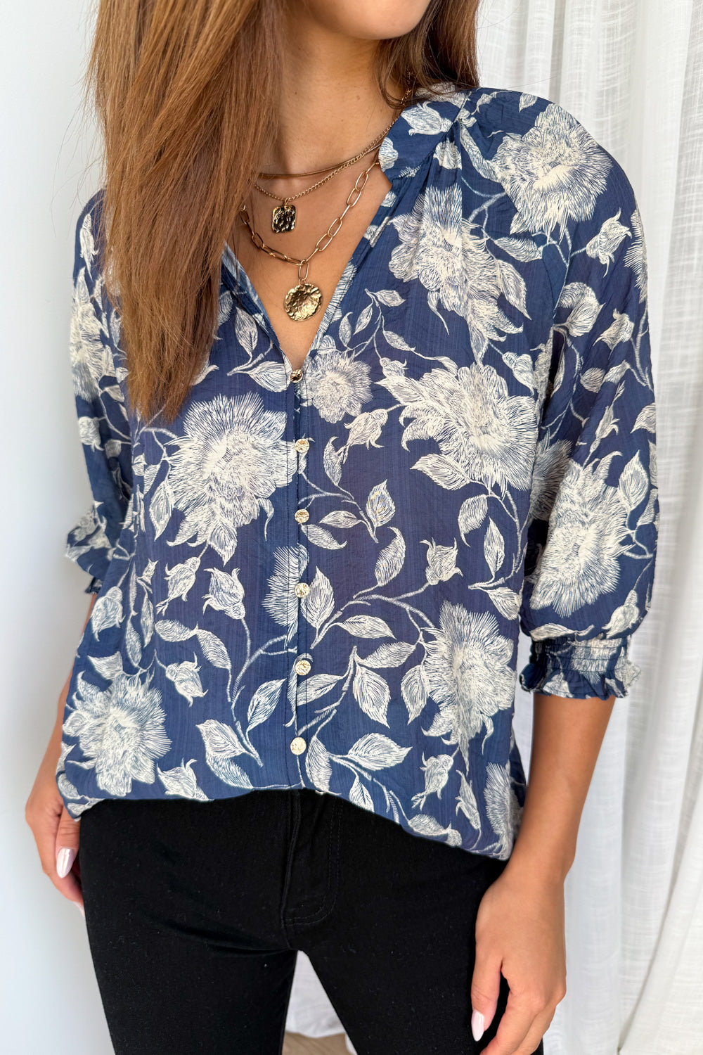 Marnie Blouse - Navy Cream Floral