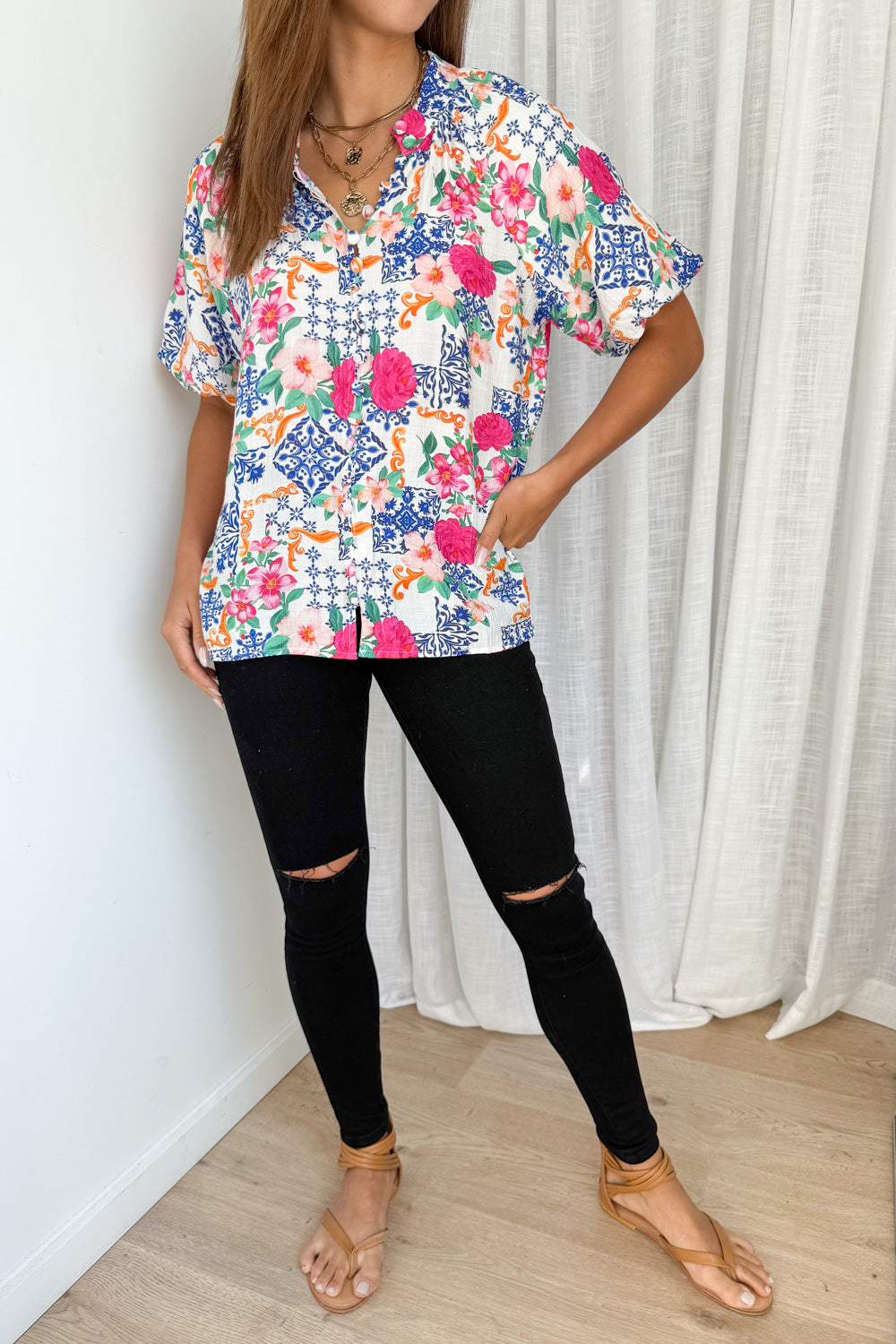 Cali Tile Blouse - Cobalt Fuchsia Tile