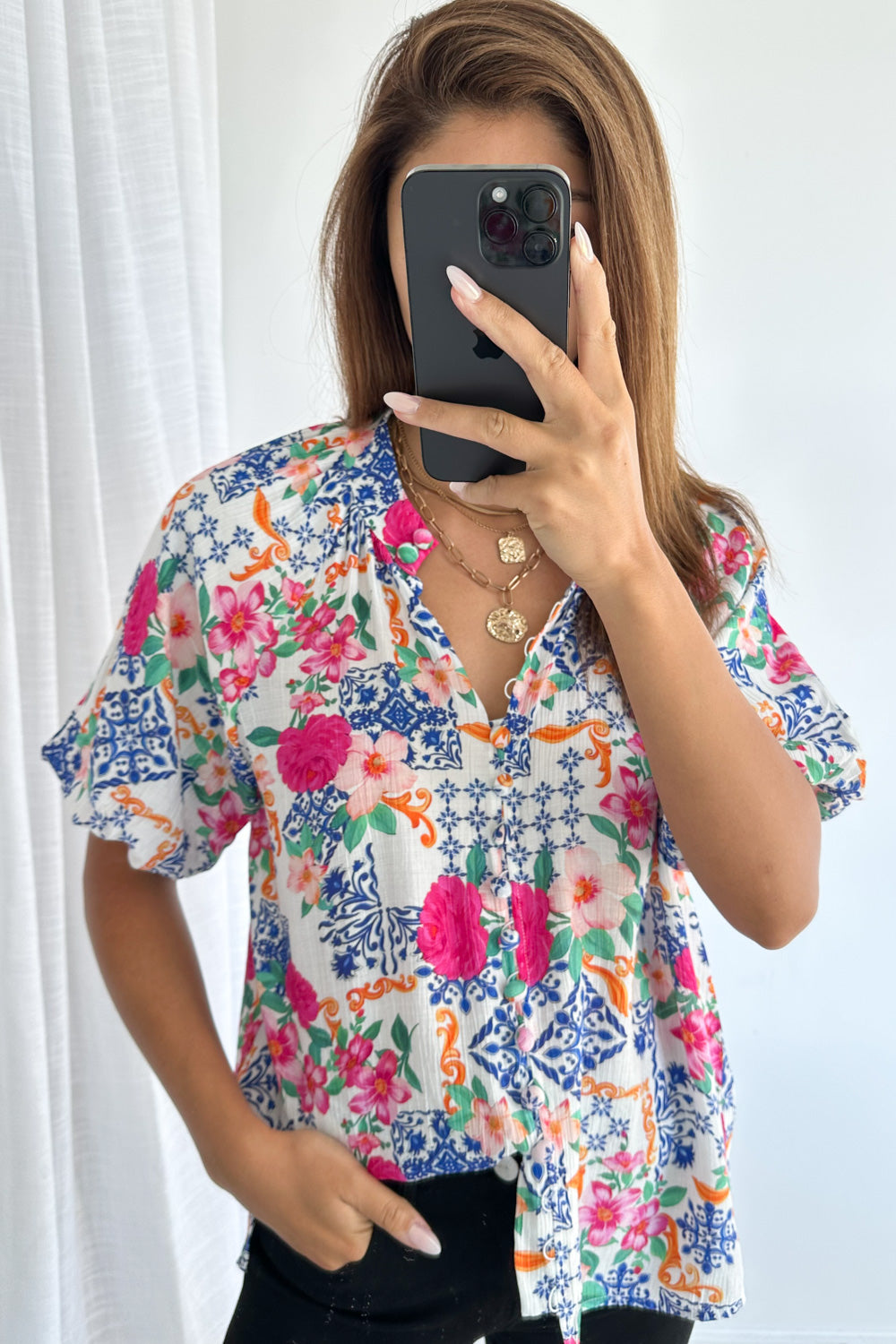 Cali Tile Blouse - Cobalt Fuchsia Tile