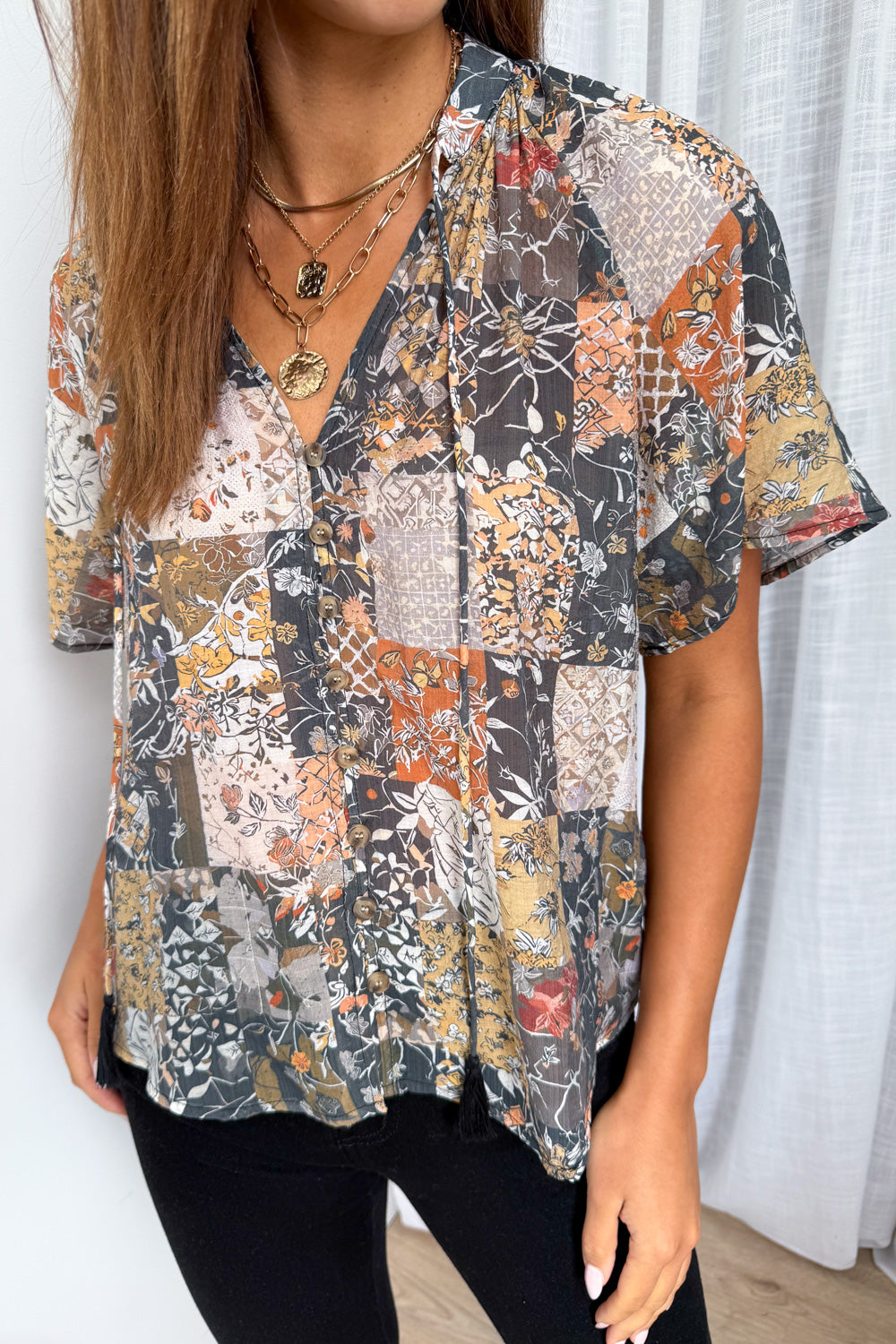 Angela Blouse- Black Multi Patchwork