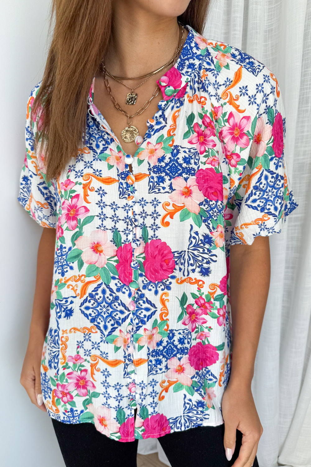 Cali Tile Blouse - Cobalt Fuchsia Tile