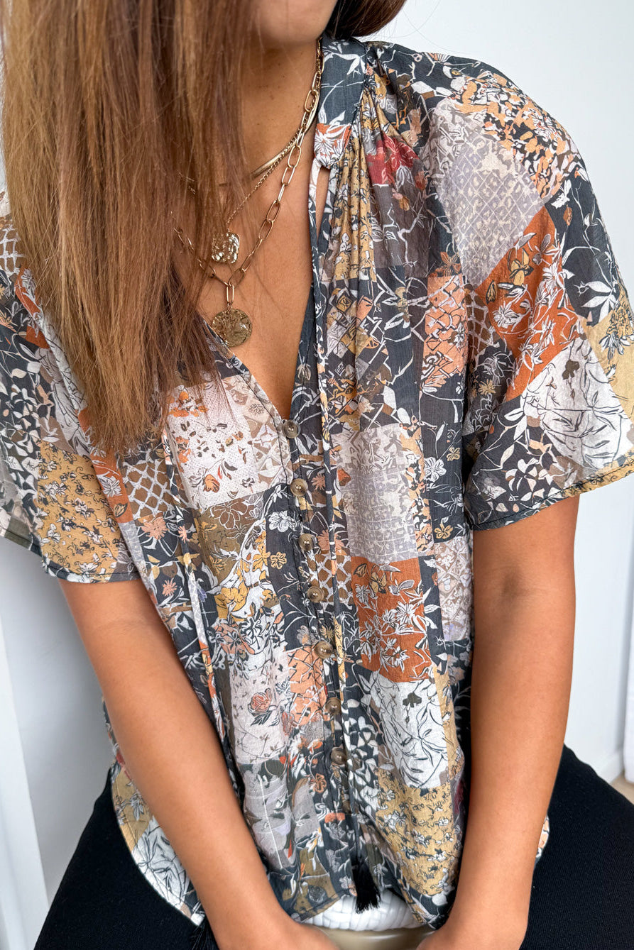 Angela Blouse- Black Multi Patchwork
