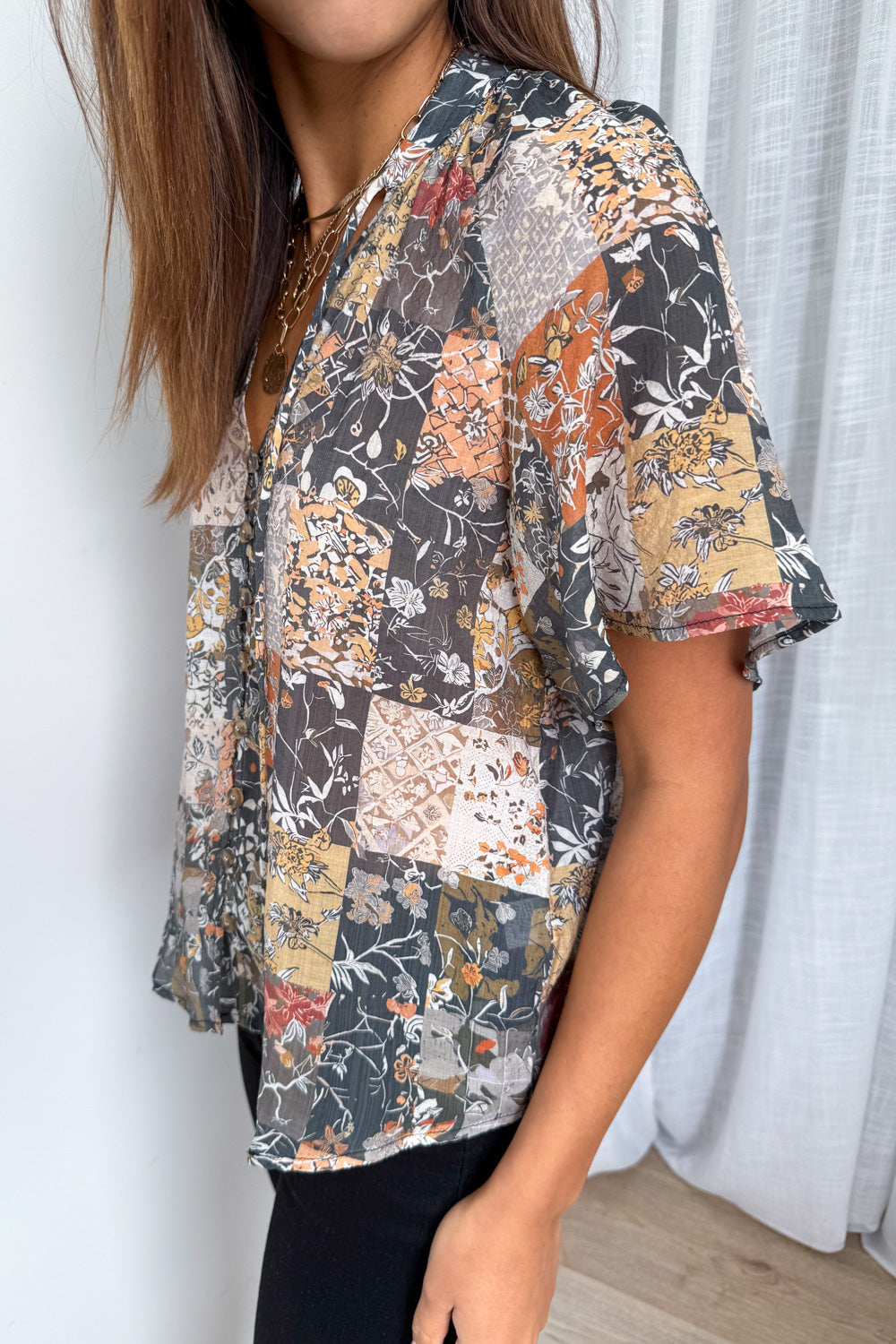 Angela Blouse- Black Multi Patchwork