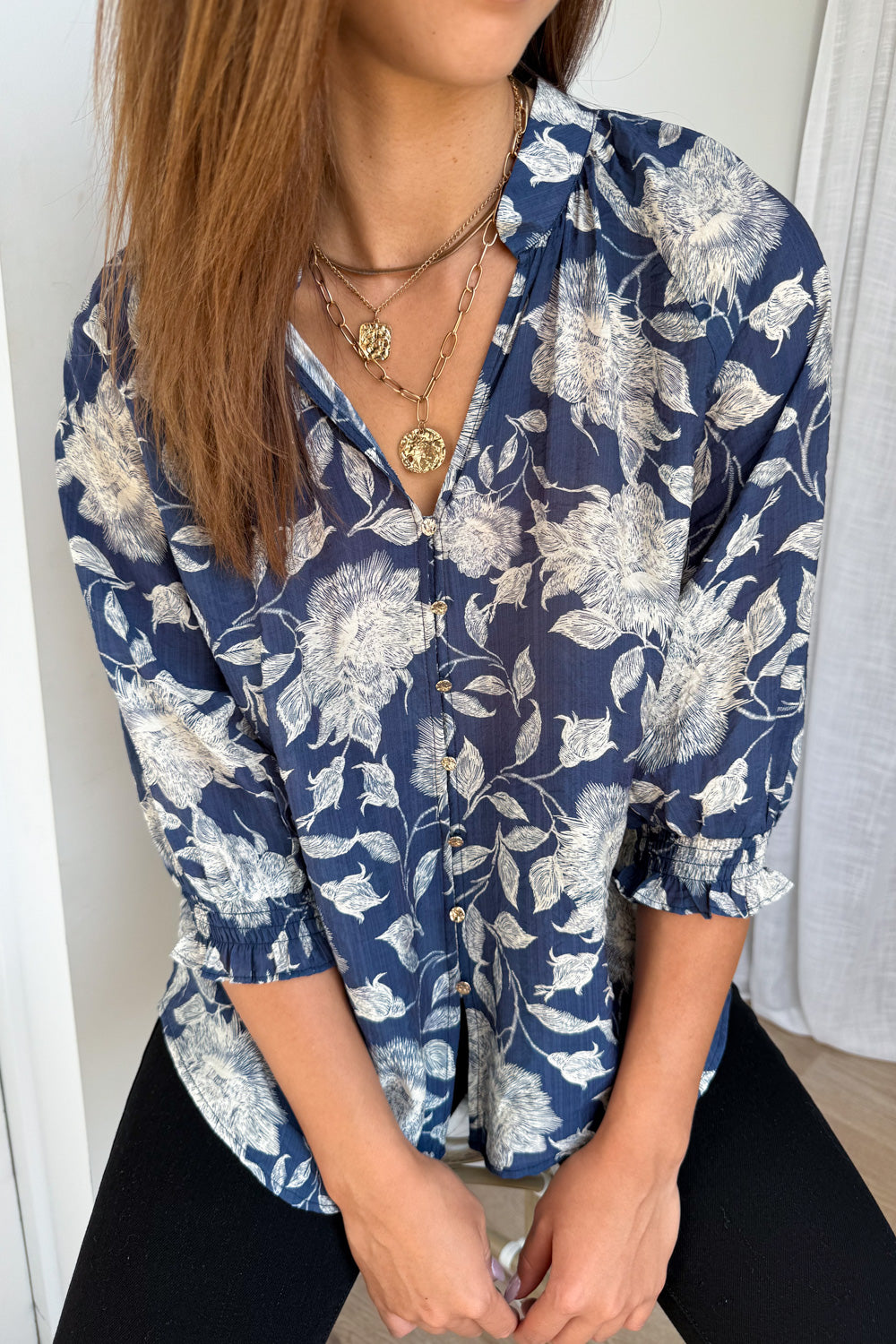 Marnie Blouse - Navy Cream Floral