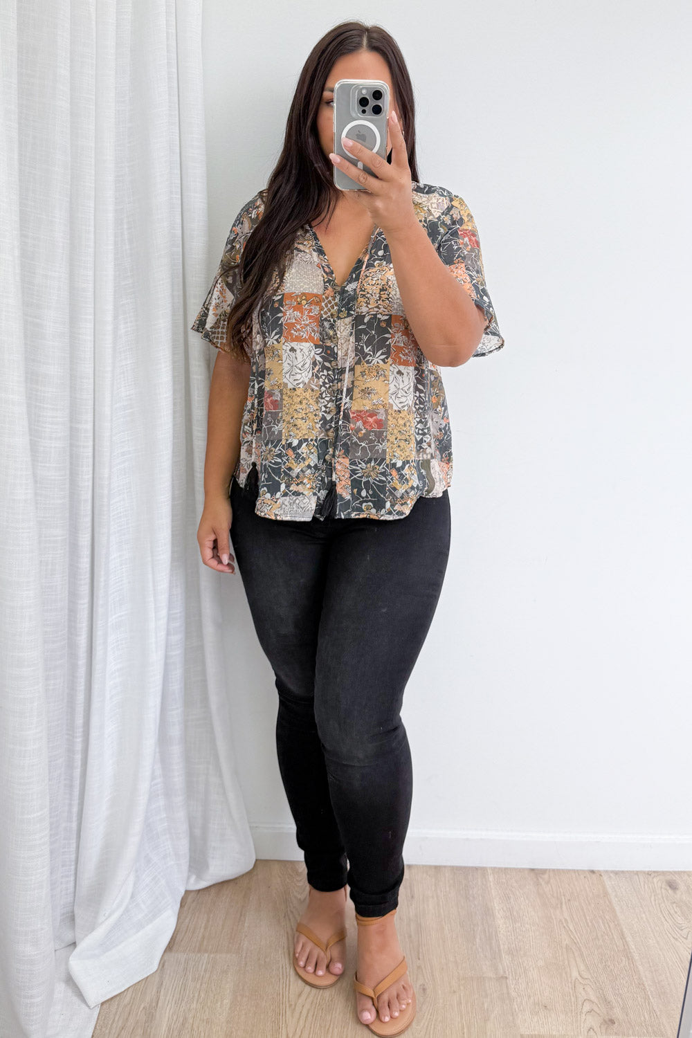 Angela Blouse- Black Multi Patchwork