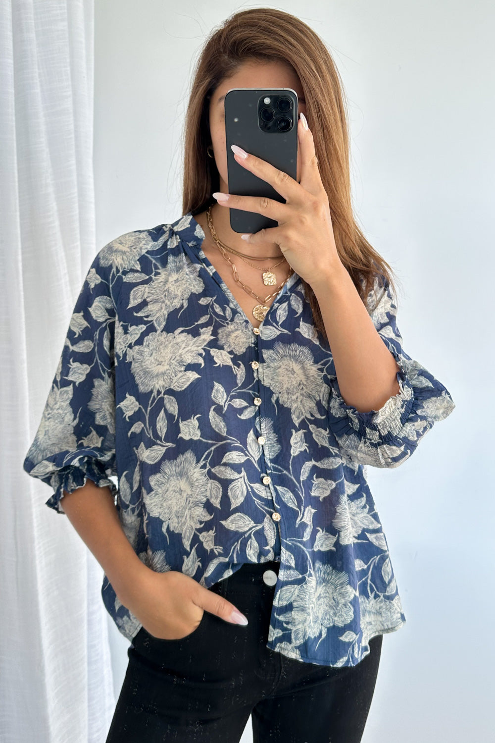 Marnie Blouse - Navy Cream Floral